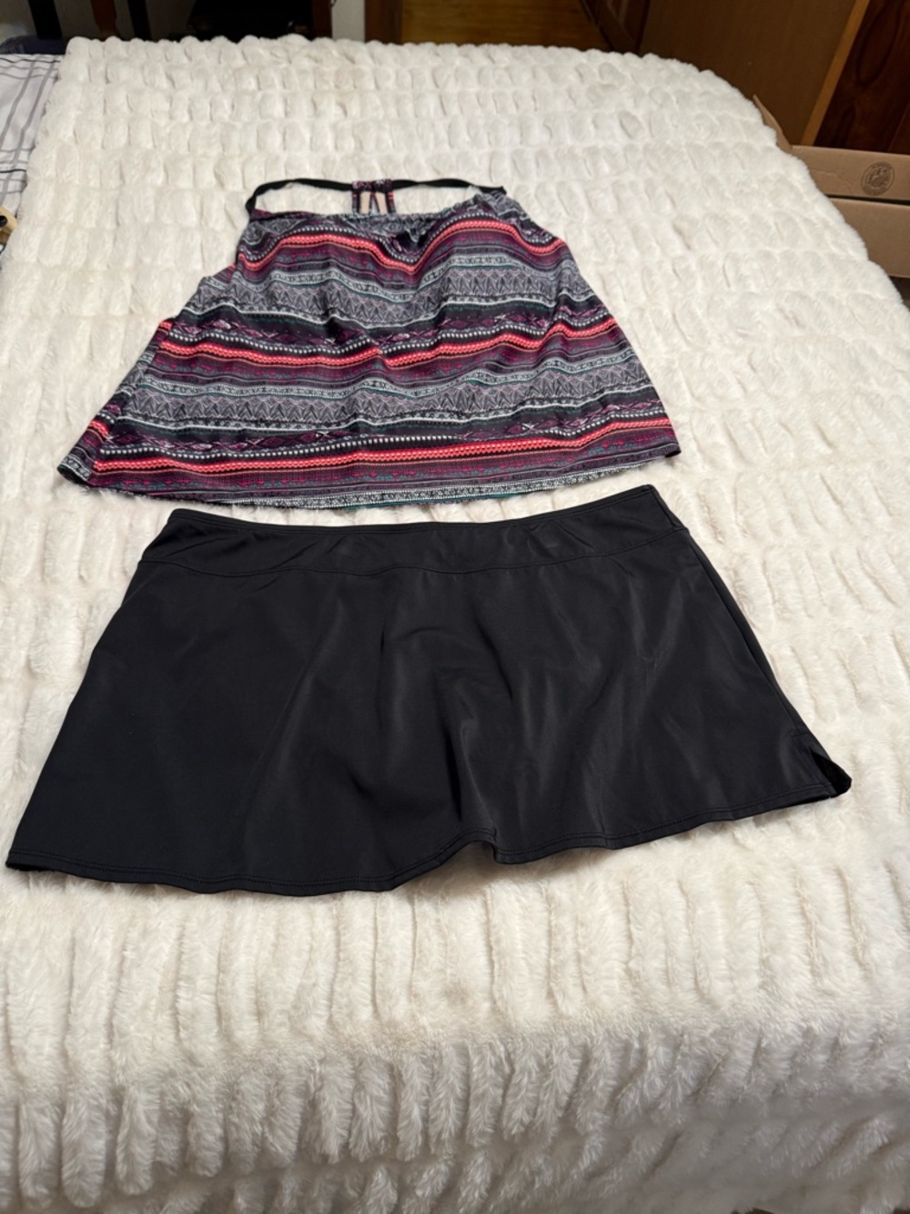 Kona Sol Black Swim Skort with Pink & Gray Striped Tankini Top